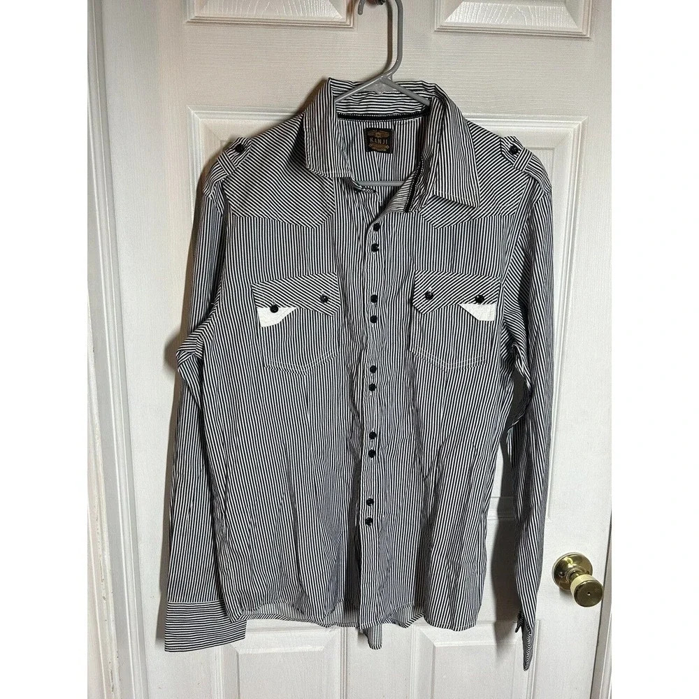 Kanji Men’s Button Down Shirt Blue/White Striped Size XL